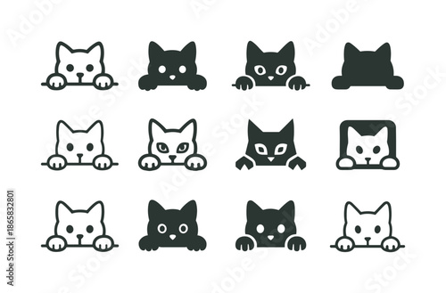 Curiosity Cat Logos. Curiosity. Icon set. Set Logo of Curiosity: cat peeking over a ledge. harmonious logo variations of the same emblematic concept, each with