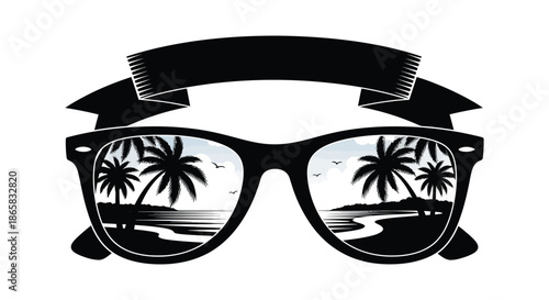 Stylish sunglasses reflecting a tropical beach scene with palm trees and birds a striking silhouette