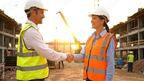 Engineers shaking hands at construction site symbolizing partnership