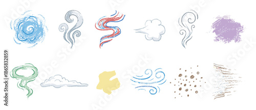 Collection of hand-drawn air, wind, and smoke icons with a crayon texture illustrates various forms of vapor, dust, smell, and weather elements in a colorful cartoon style
