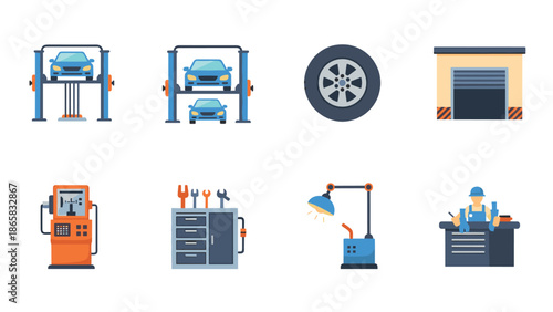 Flat style auto repair icons set featuring workshop equipment and tools