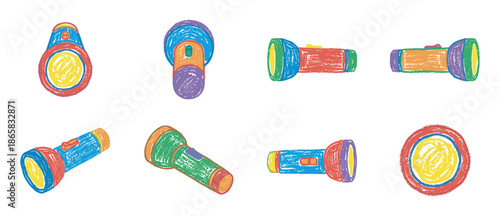 Colorful hand-drawn set of flashlight illustrations in a childlike crayon style, showing various pocket torches from different angles in a playful and creative design collection
