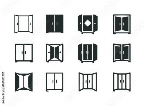 Open Closet Logos. Open closet. Icon set. Set Logo of Open closet: wardrobe with open doors. harmonious logo variations of the same emblematic concept, each