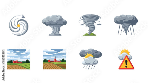 Weather symbols: storms, clouds, tornadoes, and sun with warning signs