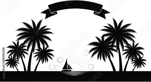 Tropical paradise scene with palm trees a sailboat at sunset and a decorative ribbon silhouette
