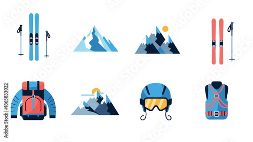 Winter sports equipment and mountain adventure icons set