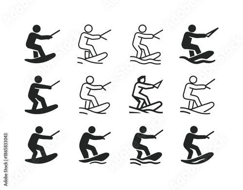 Wakeboarding Logo Variations. Wakeboarding. Icon set. Set Logo of wakeboarding: wakeboard. harmonious logo variations of the same emblematic concept, each with