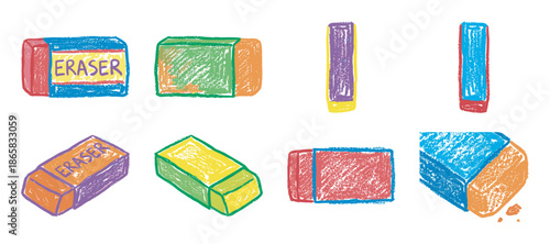 Colorful hand-drawn rubber erasers in a set of eight feature a playful crayon texture and vibrant colors, depicted from multiple angles in a fun, sketchy illustration