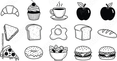 A set of nine black and white icons depicting dining and food related items in a grid pattern