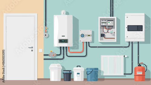 Modern home utility room with boiler system and electrical panel in flat style