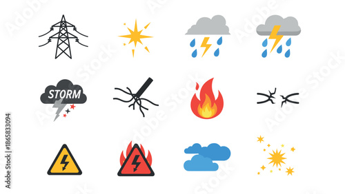 Weather and hazard icons set: storm, fire, lightning, and warning symbols