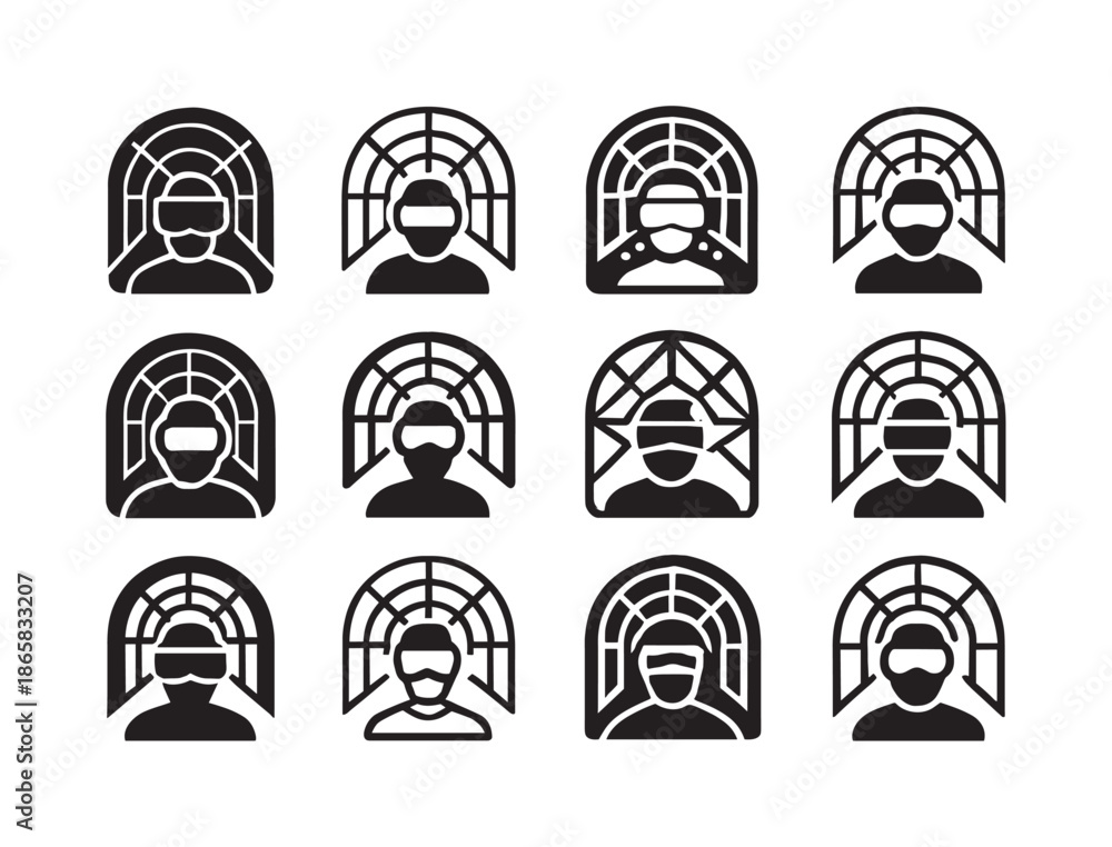 Fototapeta premium Virtual Reality Icons. Virtual reality and its impact on the internet experience. Icon set. Set Logo of Virtual reality and its impact on the