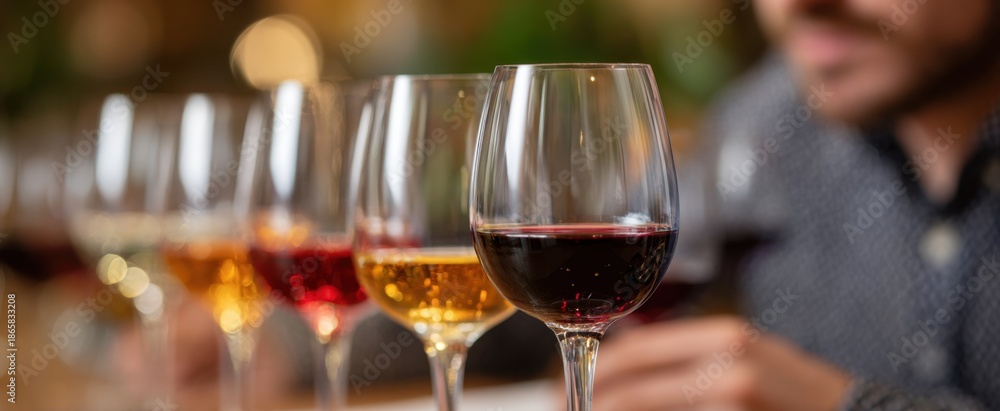 Naklejka premium Enthusiastic customer savoring diverse wine samples at a vibrant wine tasting event