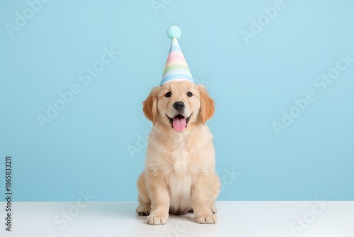Minimal Puppy with Party Hat on Pastel Blue