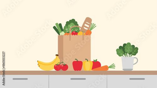 Eco-friendly grocery shopping with fresh produce in brown bag on kitchen counter