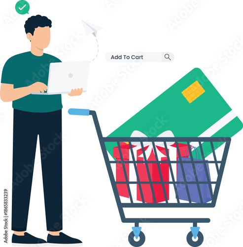 online shopping, digital transaction, shopping cart, credit card, man laptop, retail purchase, add to, payment success, flat design, internet commerce, buying gifts, checkout process, secure payment