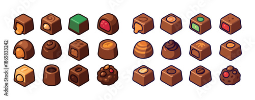 Assorted chocolate icons: caramel, nougat, ganache, and filled varieties