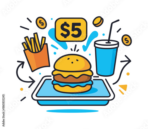 Classic Combo Delight. Fast Food Combo Deal. A classic burger, fries, and drink are centered in a playful layout with a bold floating price tag and abstract