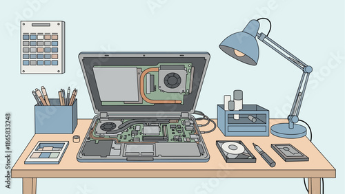 Isometric workspace with laptop repair and desk items in soft pastels