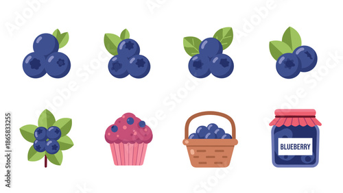 Blueberry icons set: fresh berries, cupcake, basket, and jam in flat design