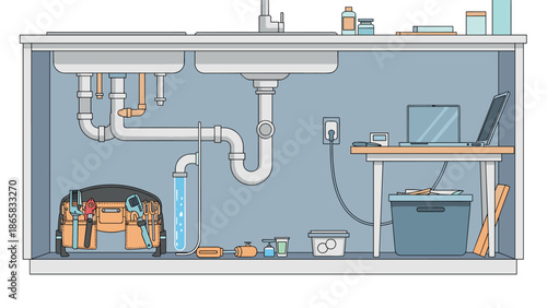 Modern home plumbing workspace with tools and laptop in isometric style