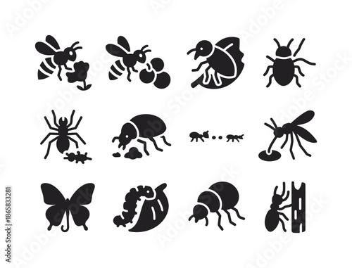 Insect Feeding Icons. Insect feeding habits. Solid icon set of Insect feeding habits: nectar feeder, pollen eater, leaf chewer, sap sucker, predatory insect,