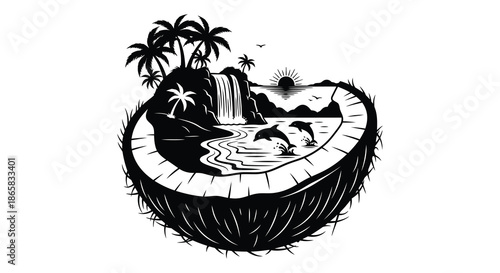 a tropical island scene encapsulated within a coconut shape featuring dolphins and a waterfall silhouette