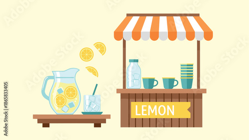 Refreshing lemonade stand with pitcher, glass, and cups