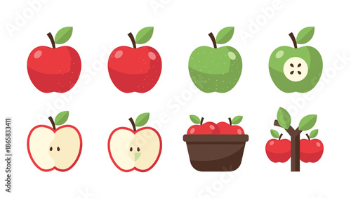 Colorful apple collection with whole and sliced variations in flat design