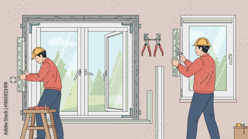 Home window installation process with workers fitting double glazed frames in flat style