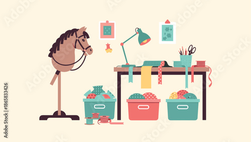 Creative sewing workspace with colorful fabrics and tools in flat design