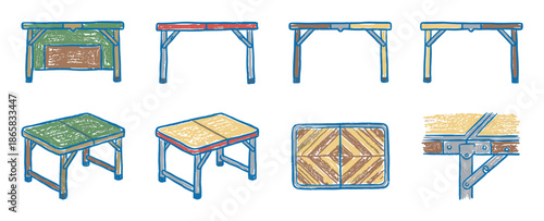 Set of hand-drawn folding camping table illustrations showing various perspectives, a folded top view, and a detailed close-up of the leg hinge mechanism in a simple, colorful style