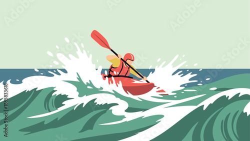 Dynamic kayaking adventure on rough waves in bold art style