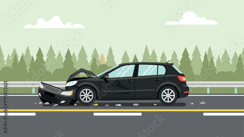Flat design car accident on forest road with crashed black vehicle