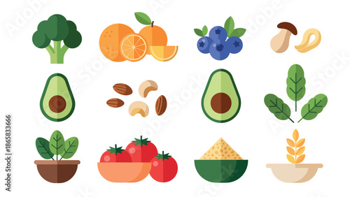 Colorful flat icons of fruits, vegetables, and nuts for healthy eating concepts