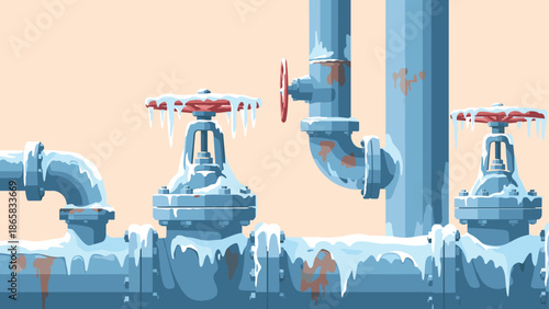 Frozen industrial pipes with icy valves in winter setting