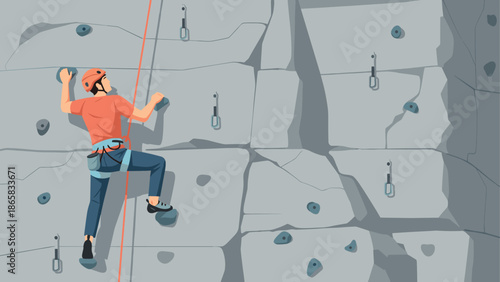 Flat style rock climber on outdoor wall with gear and safety equipment