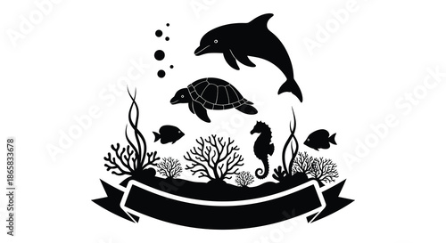 A striking black silhouette depicts a marine ecosystem with a dolphin turtle and coral reef silhouette