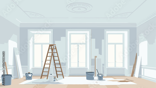 Home renovation scene with ladder and painting tools in spacious room