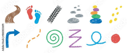 Colorful collection of hand-drawn path symbols including footprints, tire tracks, arrows, and stepping stones in a playful crayon texture for illustrating journeys and direction