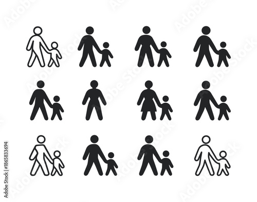 Slow Parenting Icons. Slow Parenting Movement. Icon set. Set Logo of Slow Parenting Movement: parent and child walking hand in hand. harmonious logo variations