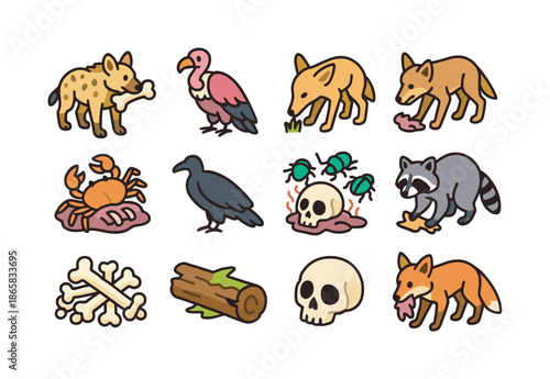 Vibrant Scavenger Icons. Scavengers. Colorful isometric vector icons set of Scavengers: hyena with bone, vulture icon, jackal sniffing, coyote scavenging, crab