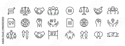 Gender equality and diversity icons set featuring hands, scales, and gender symbols