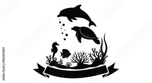 A captivating marine life scene featuring a dolphin turtle seahorse and coral reef silhouette high quality