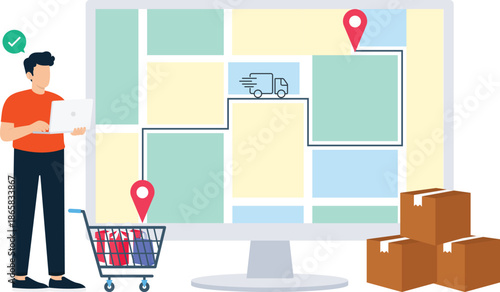 Delivery tracking system showing shipping route and order fulfillment for online shopping logistics management and global commerce retail business using modern technology
