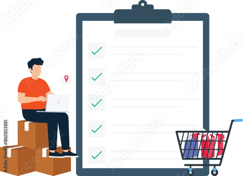 E-commerce fulfillment process, online shopping checklist, man using laptop, delivery logistics management, shipping boxes, shopping cart, task completion
