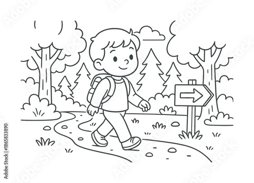 Forest Adventure Coloring. Forest hiking trail children?s coloring book illustration, outlined drawing, child walking with a small backpack along a marked