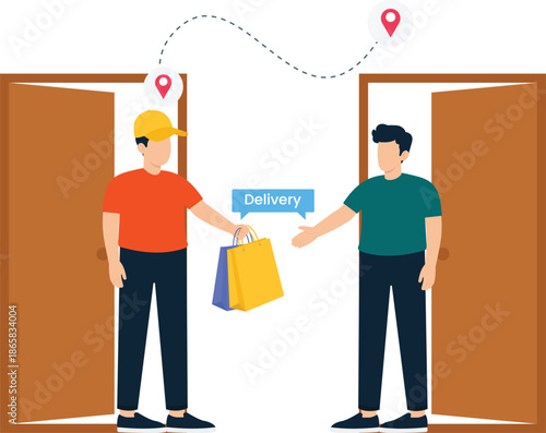 Delivery service courier person customer receiving shopping bags doorstep delivery online shopping logistics concept fast shipping e-commerce business modern flat