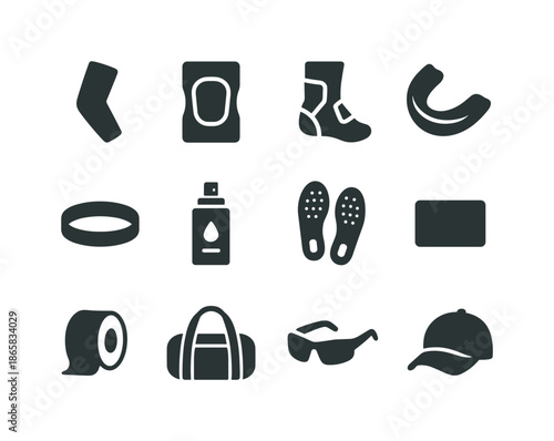 Basketball Accessories Icons. Basketball accessories. Solid icon set of basketball accessories: arm sleeve, knee pad, ankle brace, mouthguard, headband, grip
