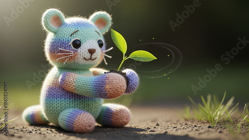 Knitted cat holding a small plant on the ground in natural light. Care and Emotional Support Concept